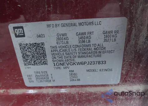 2023 Chevrolet Traverse Awd Lt Cloth из США, поврежденный, VIN 1GNEVGKW6PJ237833